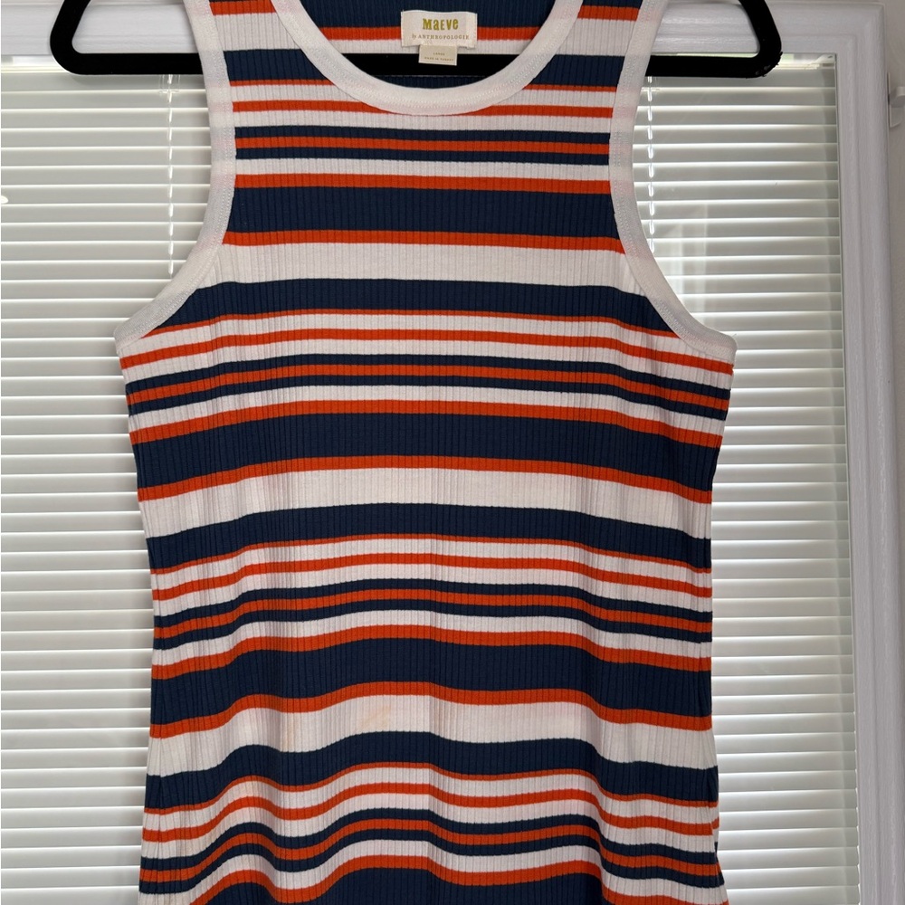 Anthropologie Maeve Navy White and Orange Striped Ribbed Tank Top